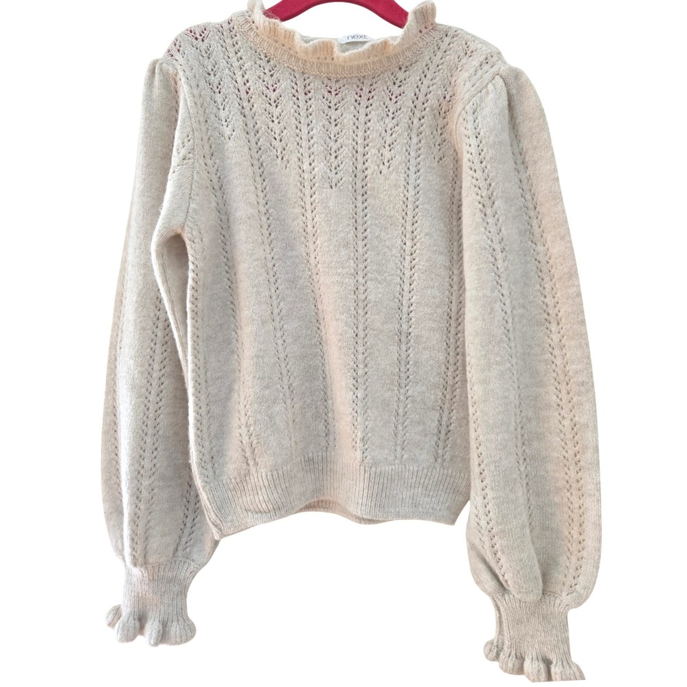 Next Kids Cream Pointelle Ruffle Neck Puff Sleeve‎ Knit Sweater Size 7 Years